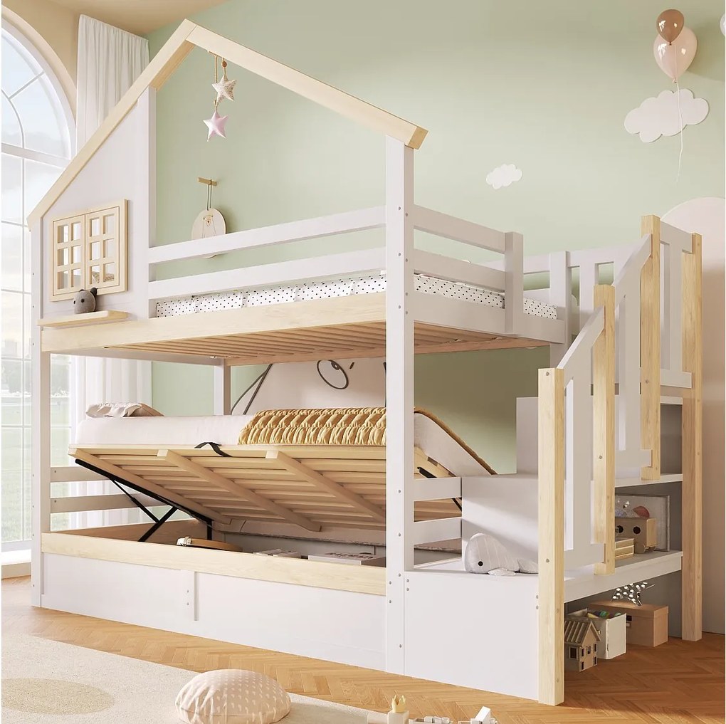 Łóżko piętrowe dla dzieci - 2 x 90 x 200 cm - z łóżkami hydraulicznymi + drabinka ze schowkiem - drewniane - białe