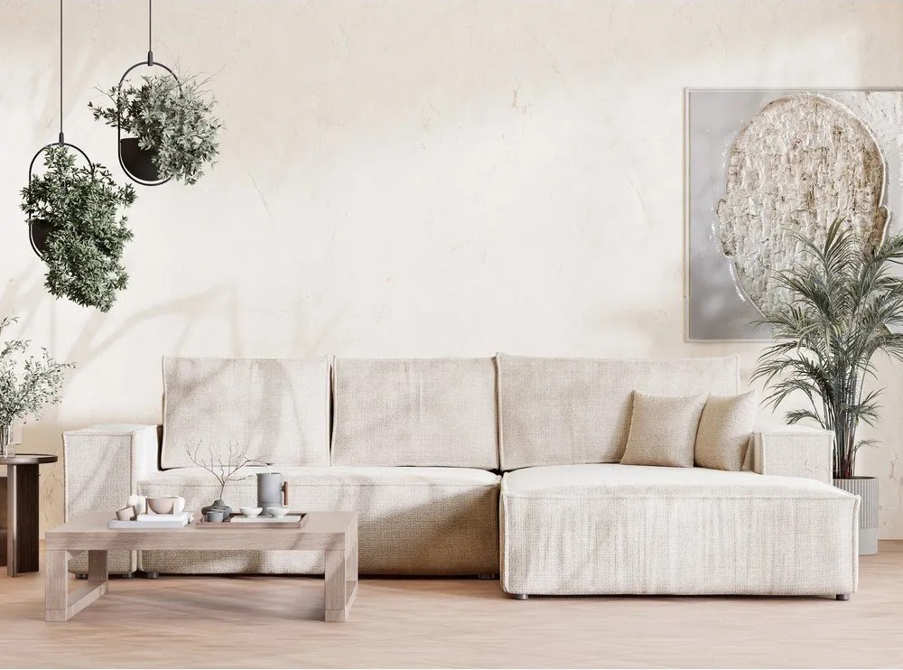 Kremowy rozkładany narożnik ze schowkiem z tkaniny szenilowej (prawostronny/z szezlongiem) Maze – Maison de Rêve