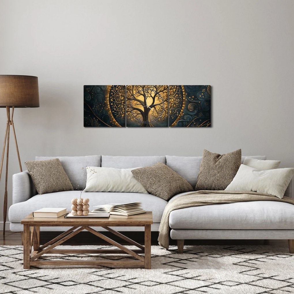 Obraz – Drzewo ze złotą aurą (z zegarem) (90x30 cm)