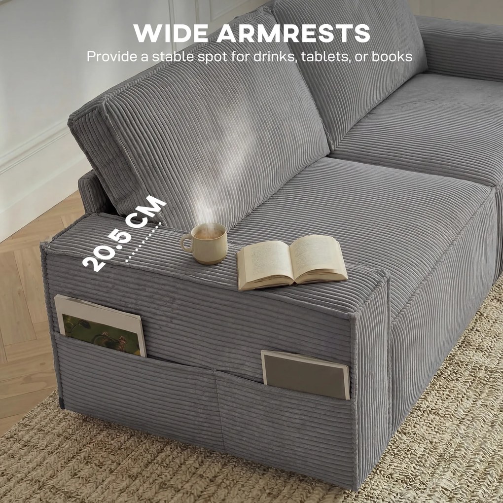 HOMCOM 218 cm 3-osobowa sofa, nowoczesna sofa w stylu sztruksowym z sprężynami kieszeniowymi, szerokimi podłokietnikami i 2 poduszkami, jasnoszara | Aosom PL