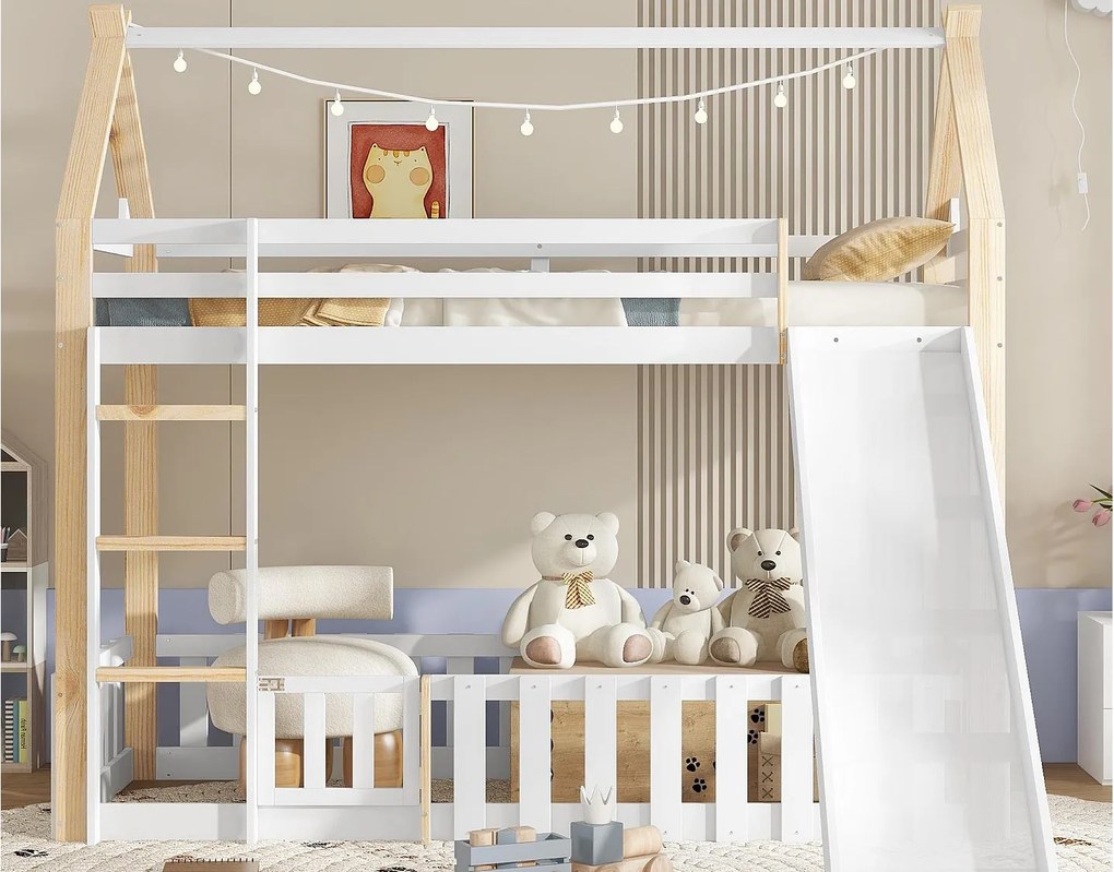 Łóżko piętrowe dla dzieci 90×200 cm - z barierką i zjeżdżalnią - z drabiną 3-stopniową - Drewno lite + MDF - białe (bez materaca)