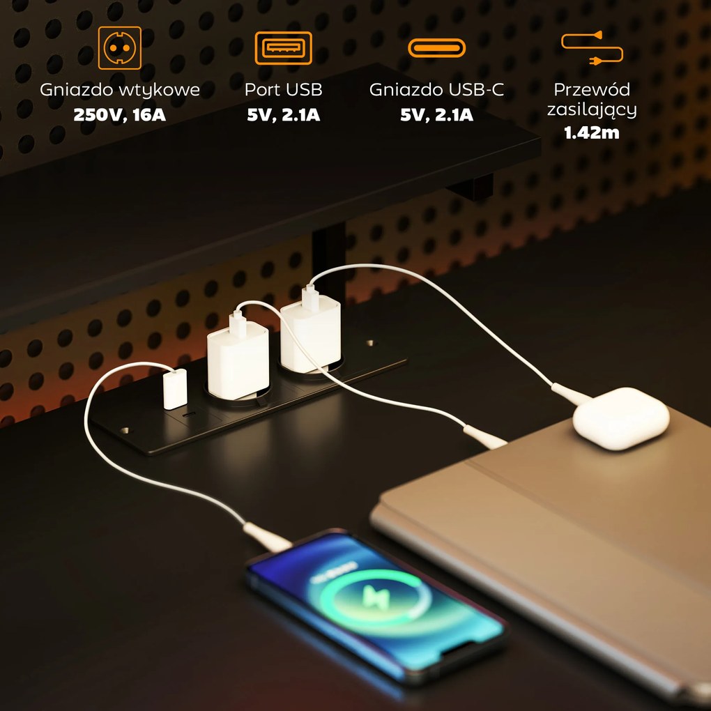 HOMCOM Biurko narożne L-kształtne z ładowarką, komputer stół narożny z podstawką pod monitor i półkami, do domowego biura, czarne