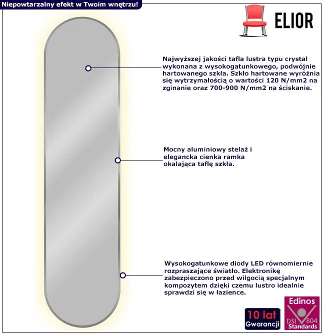 Srebrne wąskie lustro led 155x40 cm T4-Z33