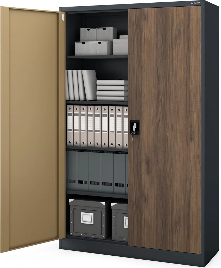 Szafa biurowa na akta szeroka Eco Design Jan II, 115x40x185 cm, antracyt/orzech