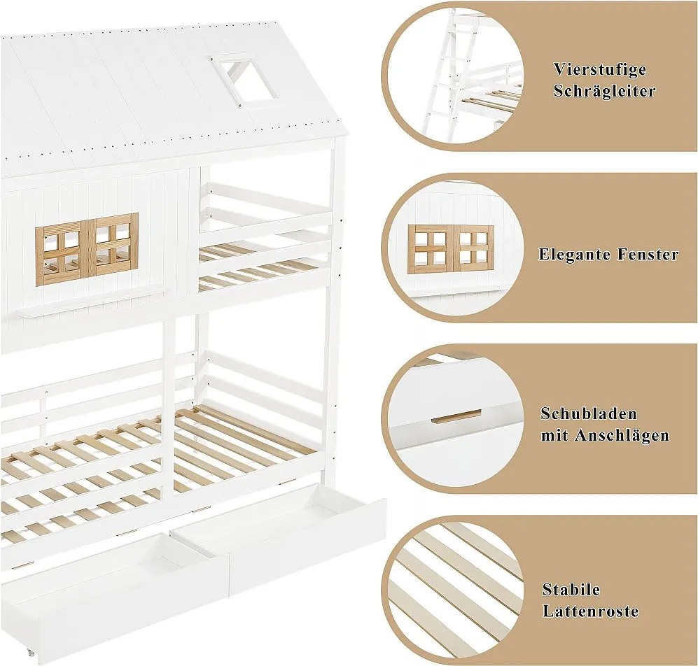 Łóżko piętrowe dla dzieci - 2 x 90 x 200 cm - z oknami + daszek + drabinka + 2 szuflady - sosna + płyta MDF - białe + naturalne