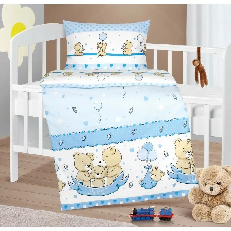 Bellatex Bawełniana pościel do łóżeczka Agata Bearniebieska, 90 x 135 cm, 45 x 60 cm