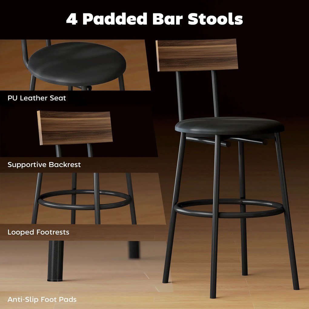 HOMCOM 5-częściowy Zestaw Bartowy z 4 Hockerami, Design Industrialny, do Kuchni, Jadalni, Drewno, Stal, Brązowy