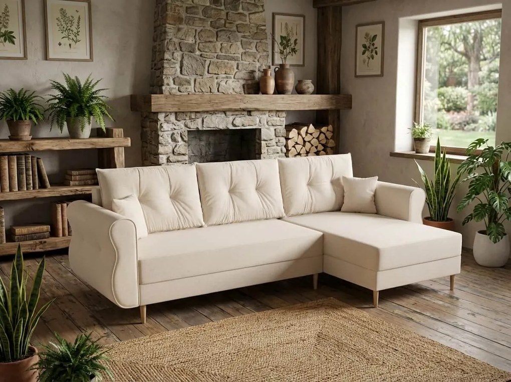 Rozkładana narożna sofa SILVIANO 230x140 cm, kremowa, uniwersalna