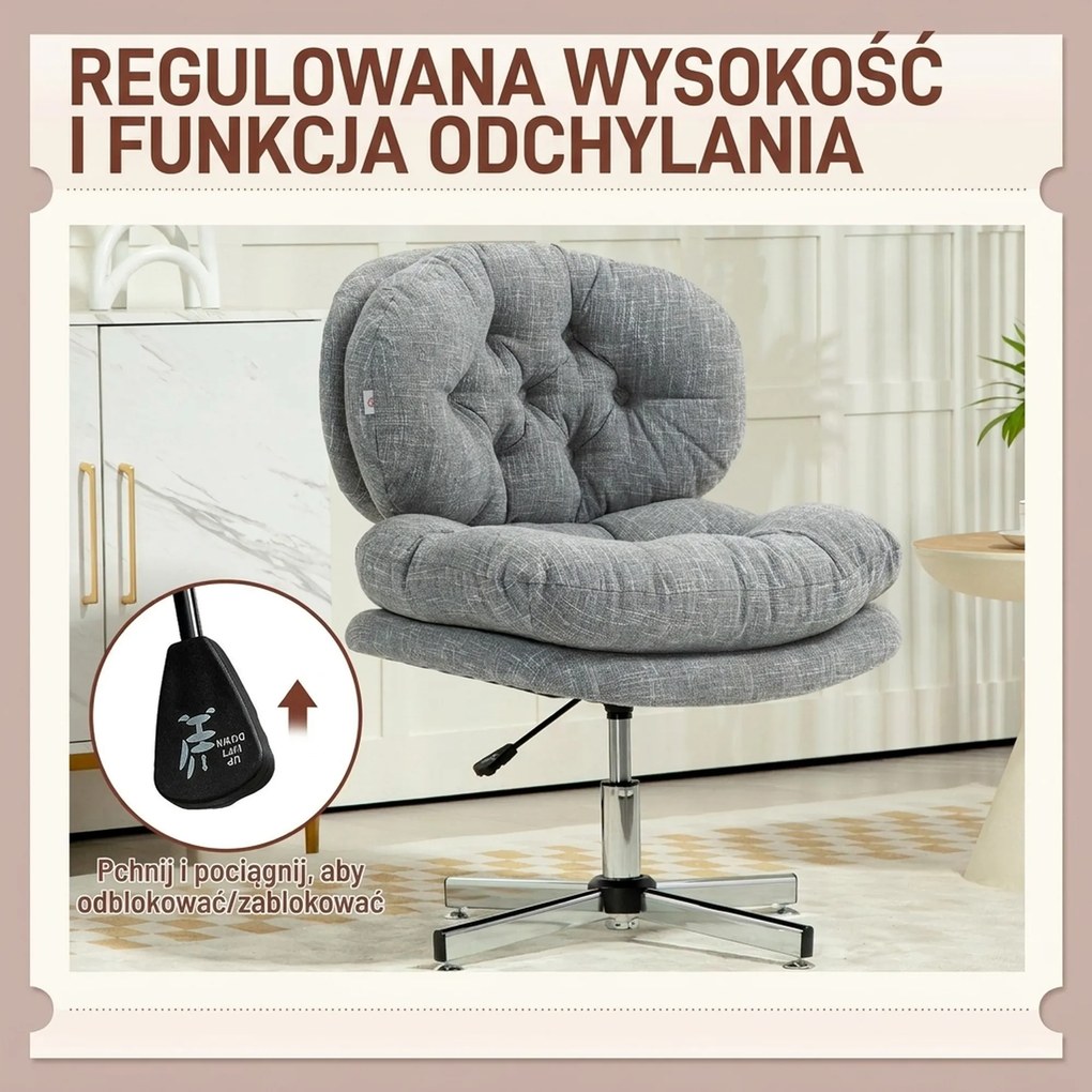 HOMCOM Fotel biurowy bez podłokietników krzesło do biurka obrotowe regulowana wysokość tapicerowane szare do komputera pracy 65x65x84~94 cm | Aosom PL