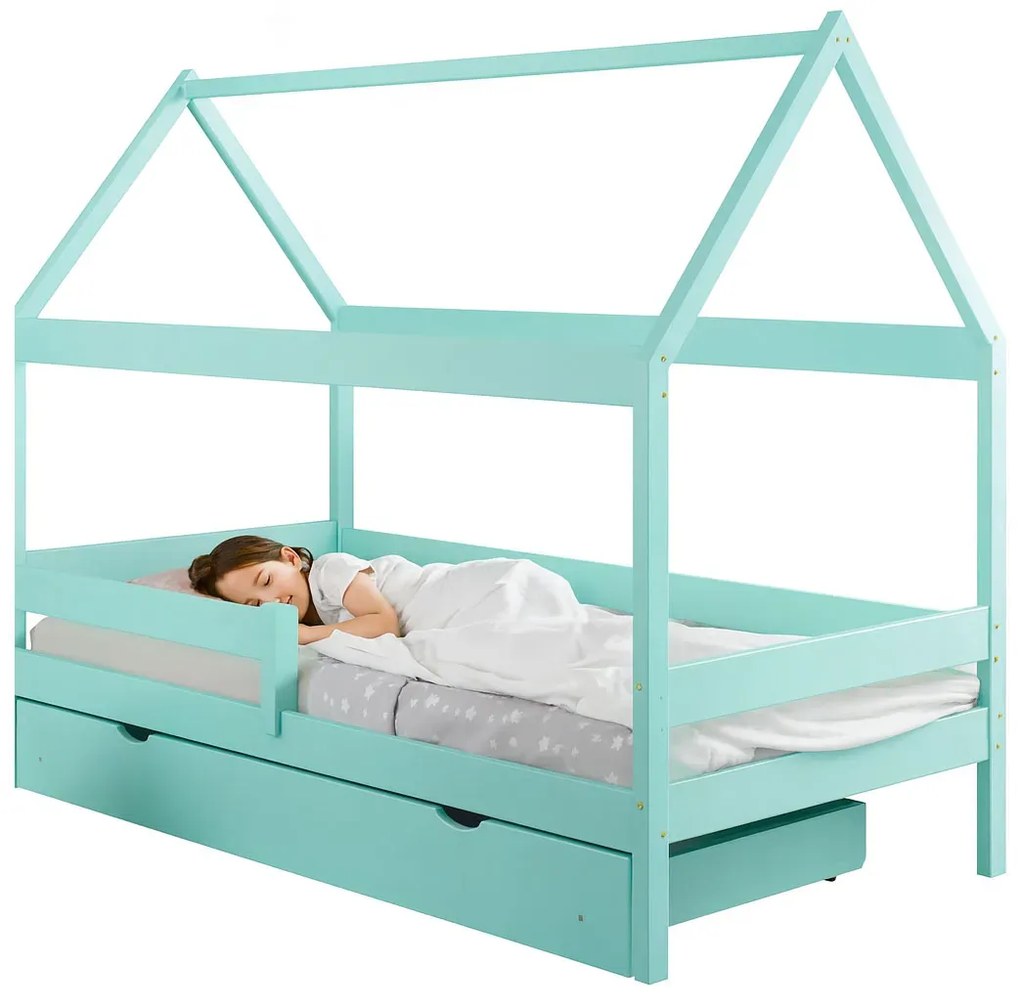 Turkusowe łóżko domek z szufladą i materacem S2-F83