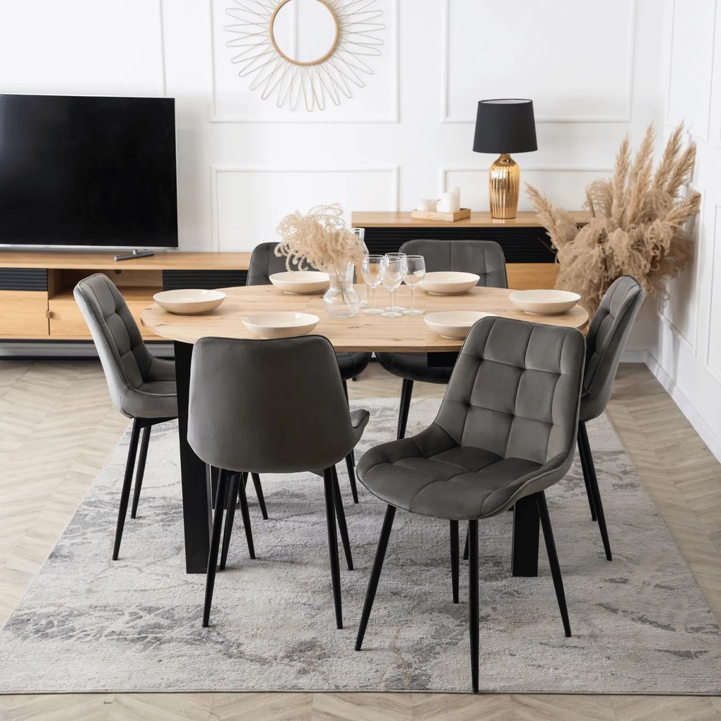 Zestaw Stół Okrągły Rozkładany HARRY 102-142 cm Dąb Artisan/Czarny i 6 Krzeseł Tapicerowanych CHRIS Szarych Nowoczesnych