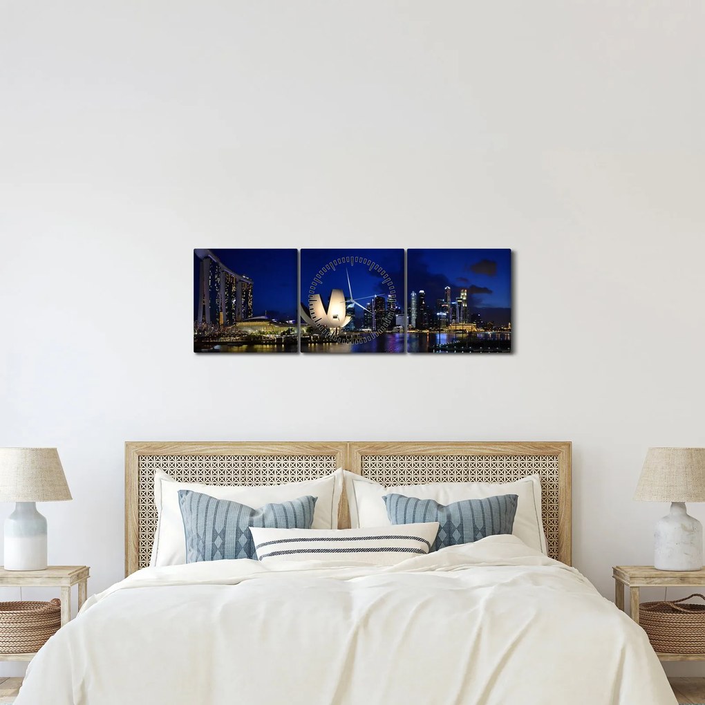 Obraz Singapuru nocą (z zegarem) (90x30 cm)