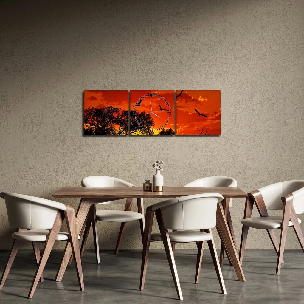 Obraz ptaków o zachodzie słońca (z zegarem) (90x30 cm)