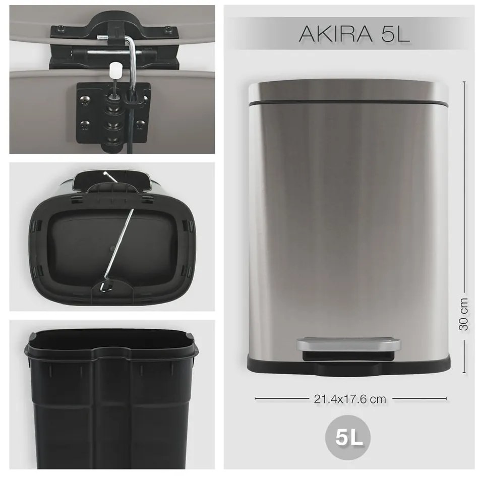 Stalowy kosz na śmieci z pedałem w kolorze matowego srebra 5 l Akira – Spirella