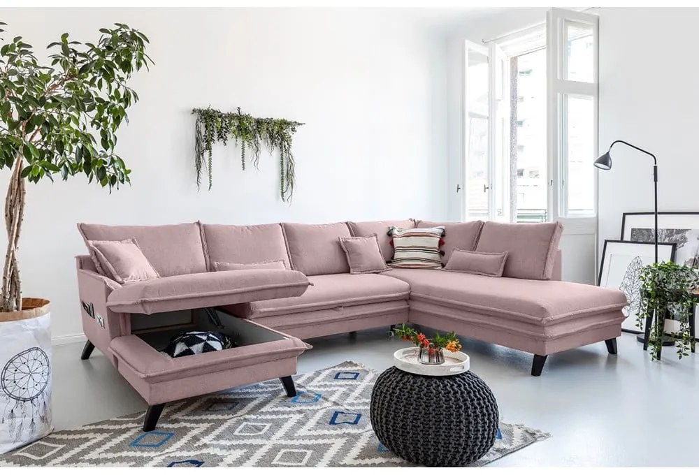 Pudroworóżowa rozkładana sofa w kształcie litery "U" Miuform Charming Charlie, prawostronna