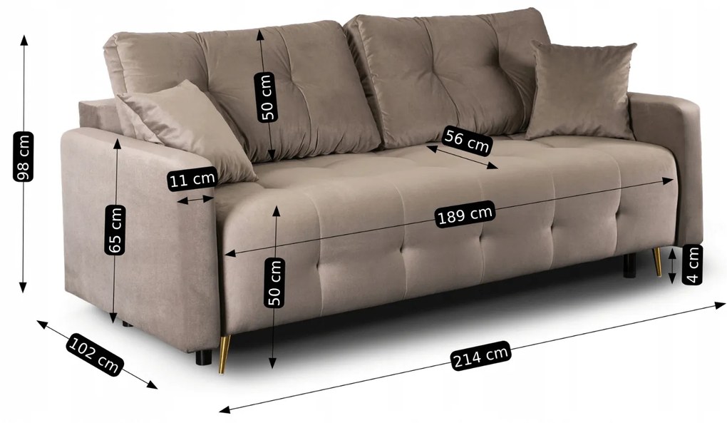 Sofa z Funkcją Spania SEUL Rozkładana Dwuosobowa Welurowa Beżowa Nowoczesna do Salonu