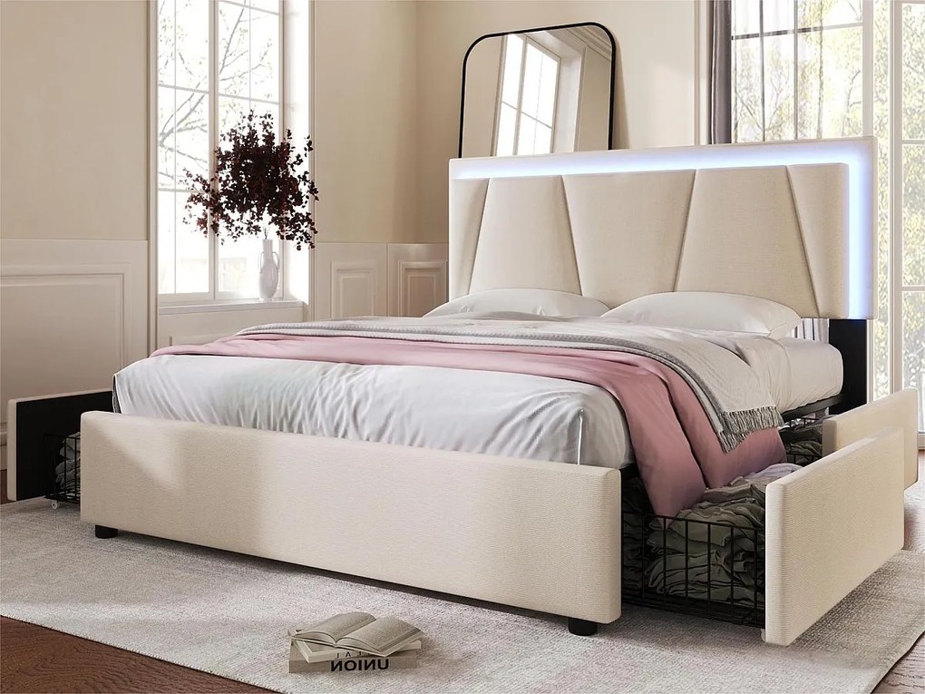 Łóżko z regulowanym wezgłowiem - 140 x 200 cm - 4 szuflady - LED-y - tkanina lniana - kolor beżowy