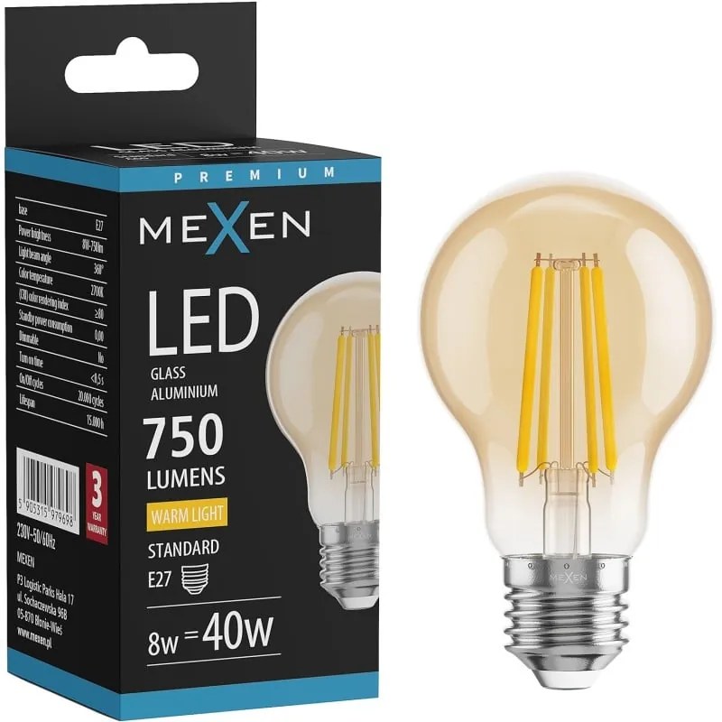 Mexen Vintis żarówka filament LED E27, A60, 8W, Ciepła - 2700K, 750 lm, amber - L150-E27-0822-50