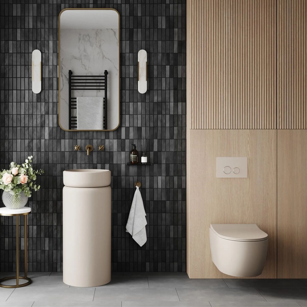 Zestaw łazienkowy z umywalką RONA, miską wc, stelażem i przyciskiem | Różne kolory : Kolor zestawu - Beż mat, Podłączenie syfonu - Do ściany