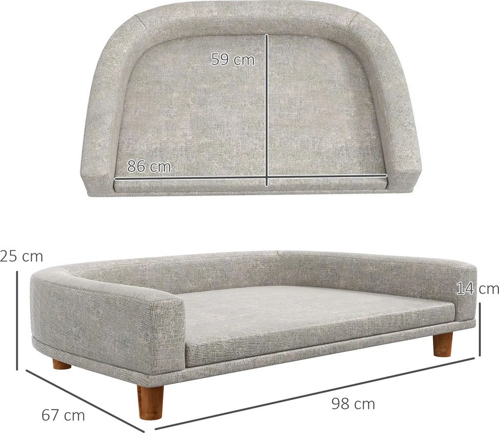 PawHut Sofa dla Dużych Psów do 30 kg, z Wyściełaną Poduszką, Nogami z Drewna Sosnowego, 98 x 67 x 25 cm, Szara