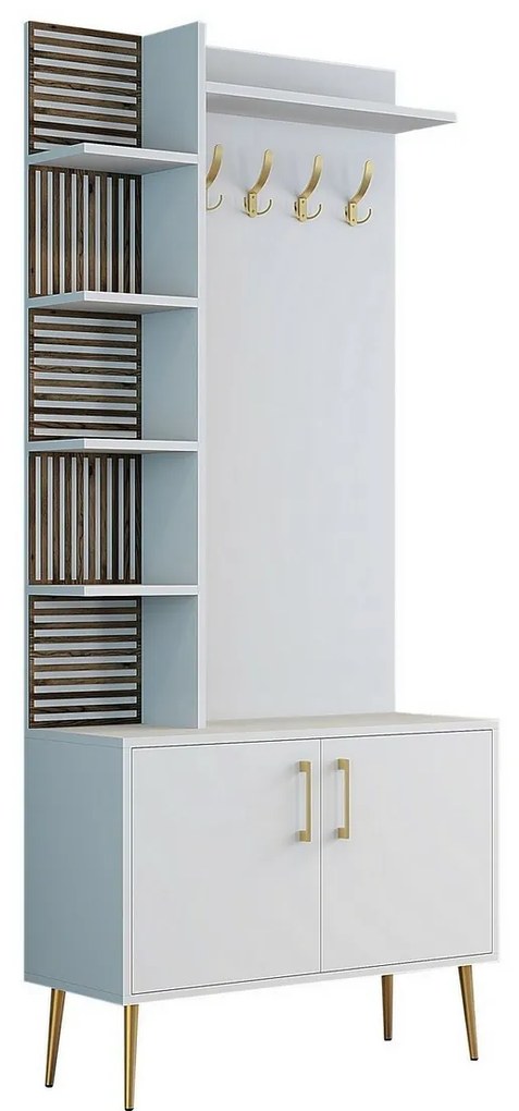 Wieszak z szafką na buty i półkami Viyana White and Gold