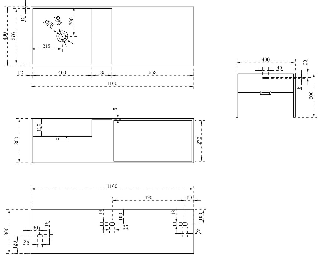 Umywalka ścienna TWG36 z odlewu mineralnegoBiały mat - z półką po prawej stronie - 110 x 40 x 30 cm