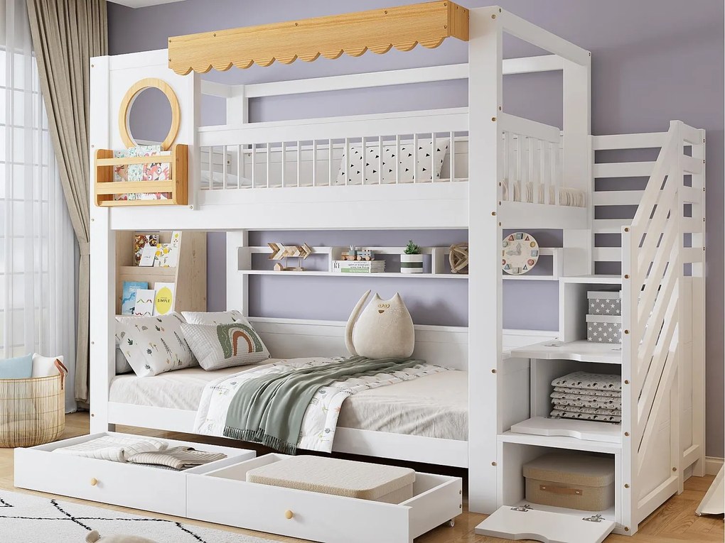 Łóżko piętrowe 90x200cm - z 2 szufladami - schody z miejscem do przechowywania - z półkami - Drewno lite + MDF - Biały + Naturalny (bez materaca)