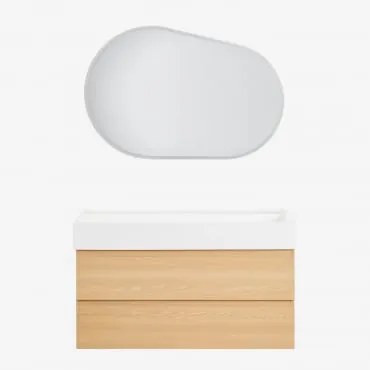 Zestaw Mebli Łazienkowych Z Drewna I Forniru Jesionowego Z Wbudowaną Umywalką Ona Naturalna & Owalna Lampa Led I Przeciwmgielna 100x80 Cm - Sklum