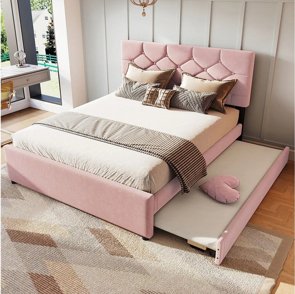 Łóżko wysuwane 140 x 200 cm - Łóżko dziecięce z łóżkiem wysuwanym i stelażem - Różowy aksamit - bez materaca