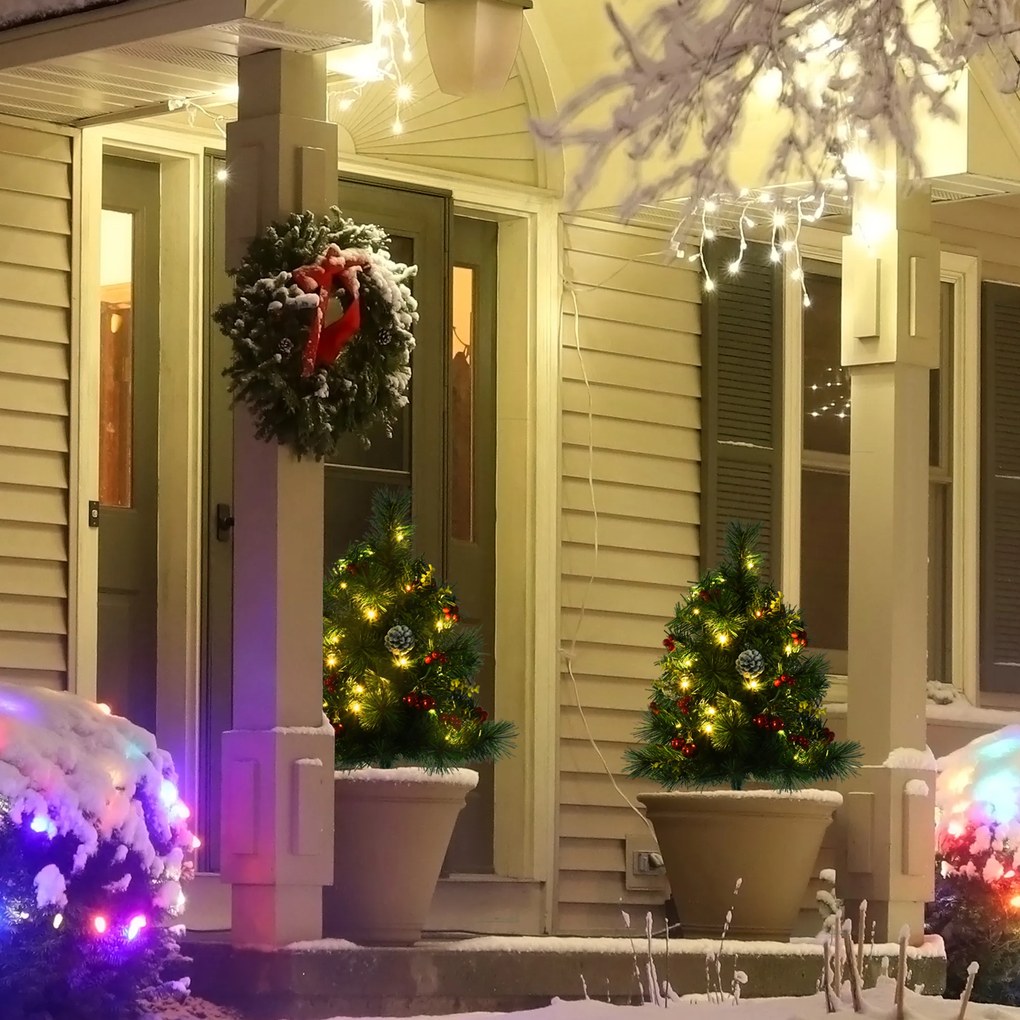 HOMCOM Zestaw 2 Mini Choinek Świątecznych z Oświetleniem LED, Szyszkami i Czerwonymi Jagodami, Zielony PVC, Ø33 x 75 cm | Aosom PL