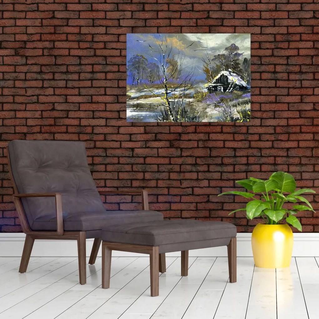 Obraz chaty w zimowym krajobrazie, obraz olejny (70x50 cm)