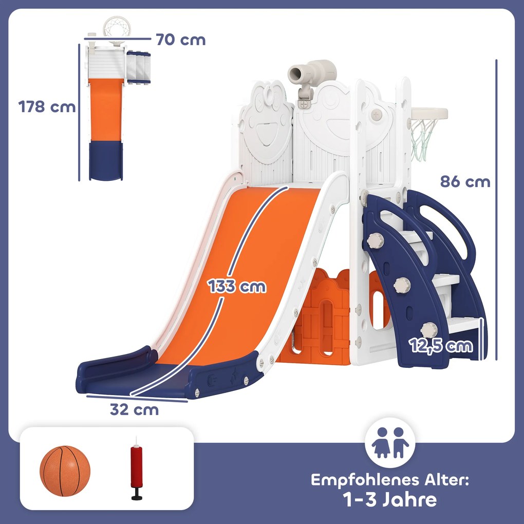 AIYAPLAY Zestaw zjeżdżalni 5-w-1, teleskop, kosz do koszykówki, plastik, Pomarańczowy+Granatowy | Aosom PL