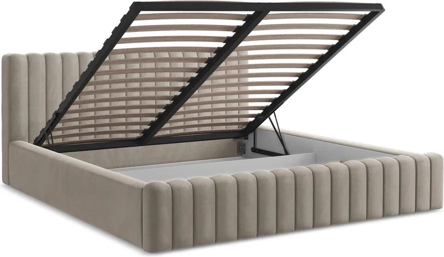 Szarobrązowe tapicerowane łóżko dwuosobowe ze schowkiem i stelażem 140x200 cm Lemi – Makamii