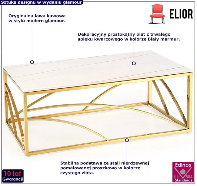 Złota ława glamour z blatem bialy marmur - Goldea 2X