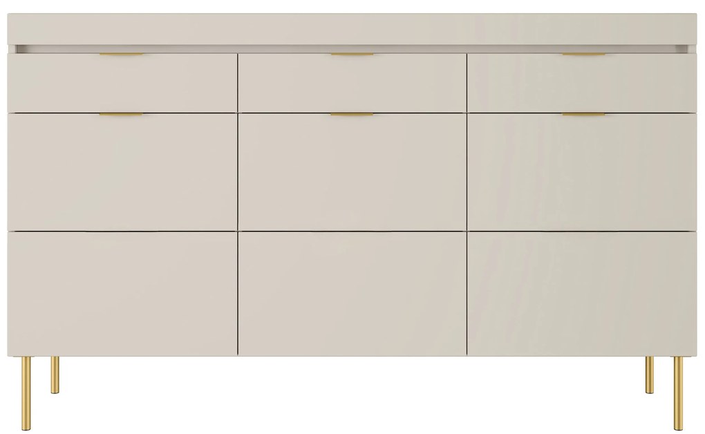 Komoda trzydrzwiowa Sentia 157 cm z trzema szufladami - kaszmir / złoty