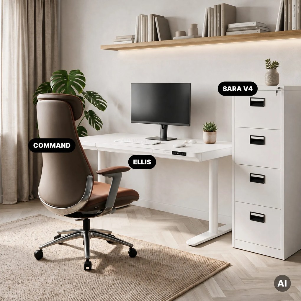 Biurko elektryczne sit-stand z szufladą i ładowarką bezprzewodową Qi białe, 1400 mm: ELLIS