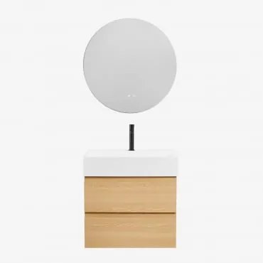 Zestaw Wiszących Mebli Łazienkowych Z Drewna I Forniru Jesionowego Zintegrowany Z Umywalką Ona Naturalna & Okrągła - Sklum