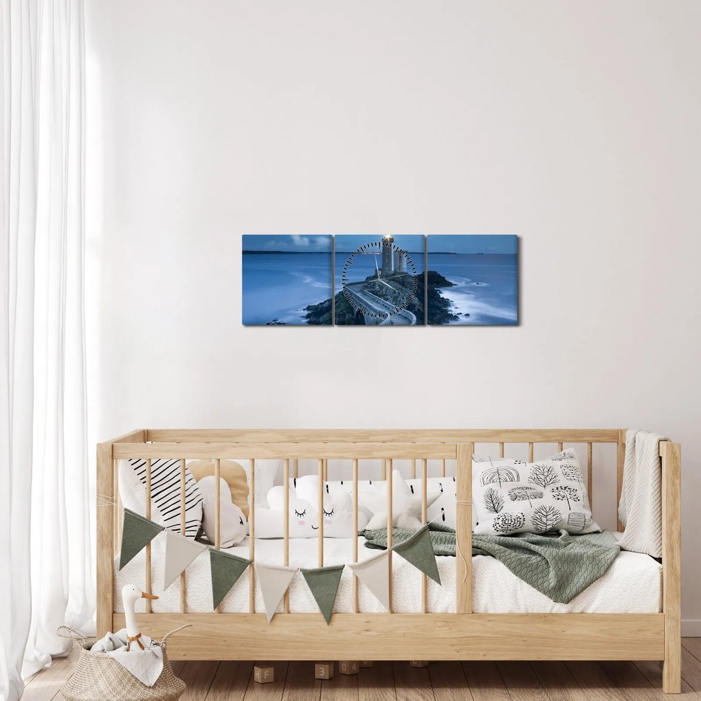 Obraz latarni morskiej i morza (z zegarem) (90x30 cm)