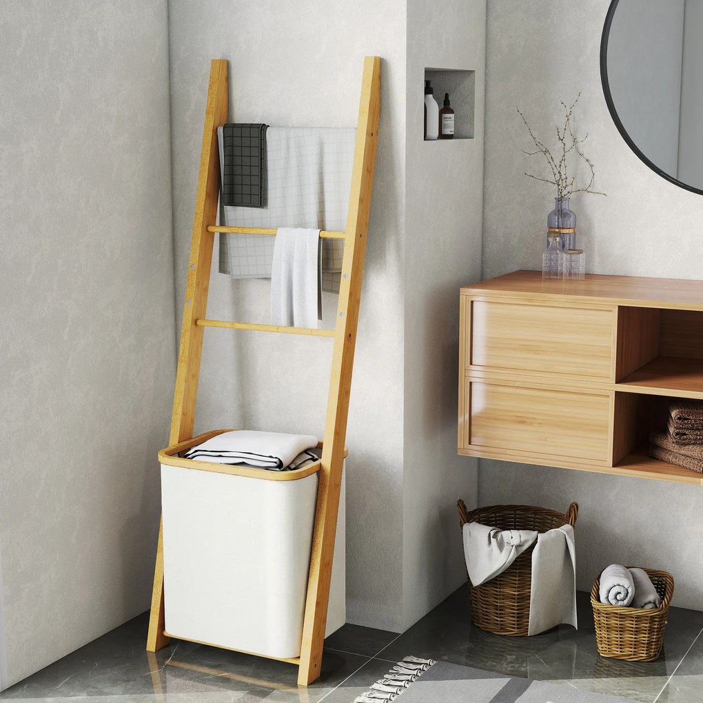 HOMCOM Regał łazienkowy, 2-w-1 z 3 drążkami, wyjmowany kosz na pranie 48L, bambusowy, 43 x 35 x 133 cm, kremowy | Aosom PL