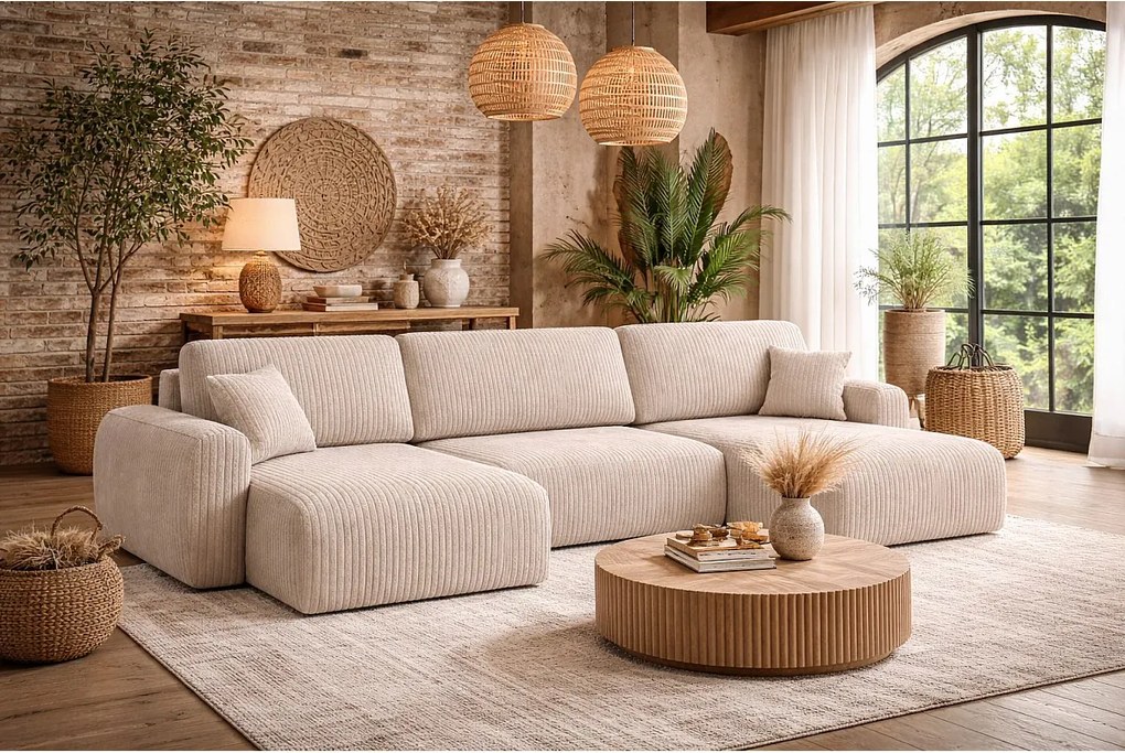 Narożnik w kształcie U z funkcją spania i pojemnikiem Ivo U, tkanina sztruksowa Poso, Beżowy