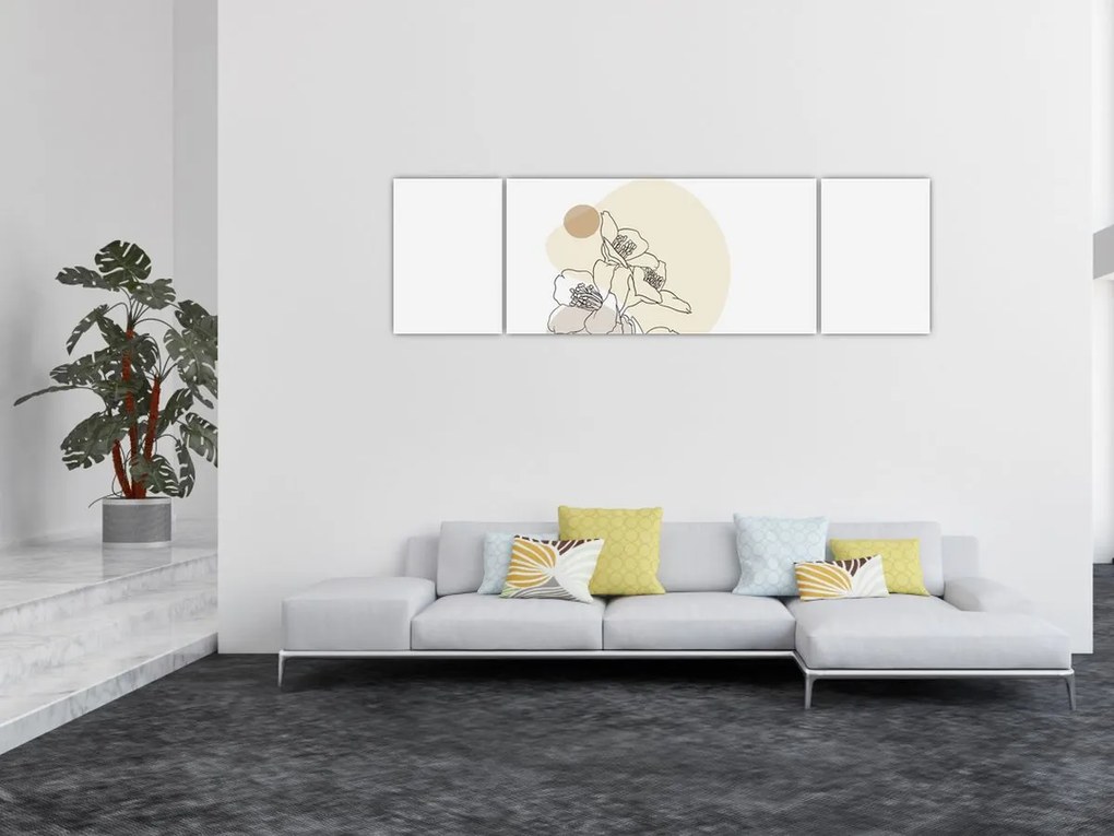 Obraz - Beżowe kwiaty z motylem N⁰4 (170x50 cm)