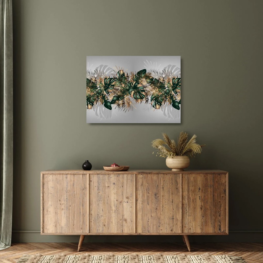 Obraz na szkle - Złoto - zielone tropikalne liście (70x50 cm)
