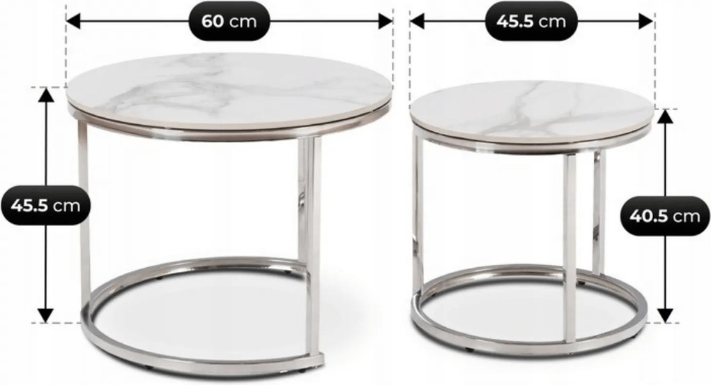 Zestaw Stolików Kawowych AMARA 45,5 cm/60 cm Biały Marmur/Srebrny Glamour