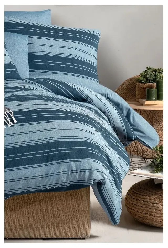 Niebieska 4-częściowa pościel dwuosobowa z prześcieradłem 200x220 cm Stripes – Mila Home