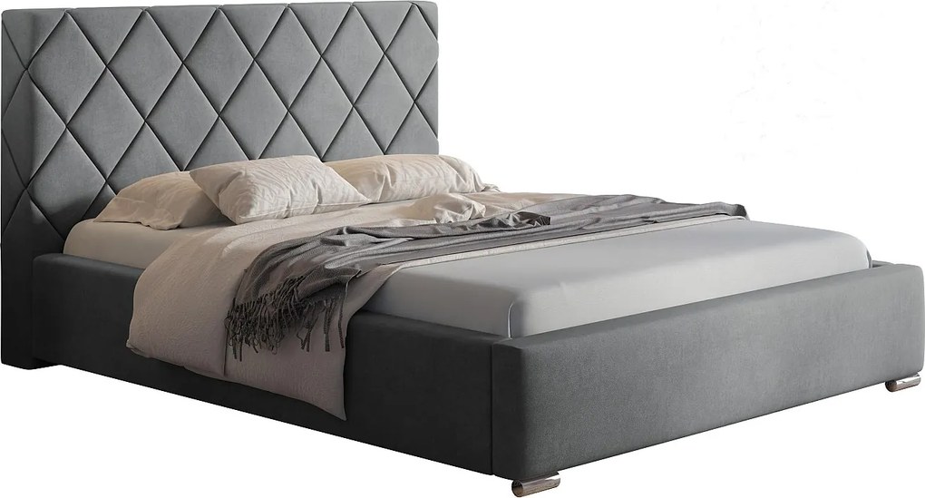 Emporius Aron łóżko tapicerowane 160x200 - pojemnik, tkanina aksamitna, nowoczesne łóżko dwuosobowe do sypialni - jasny szary (Jasmine 90)