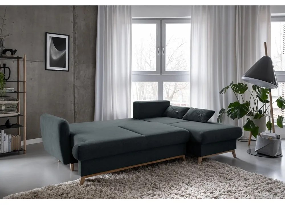 Ciemnoszary rozkładany/ze schowkiem narożnik (prawostronny/z szezlongiem) Scandic Lagom – Miuform