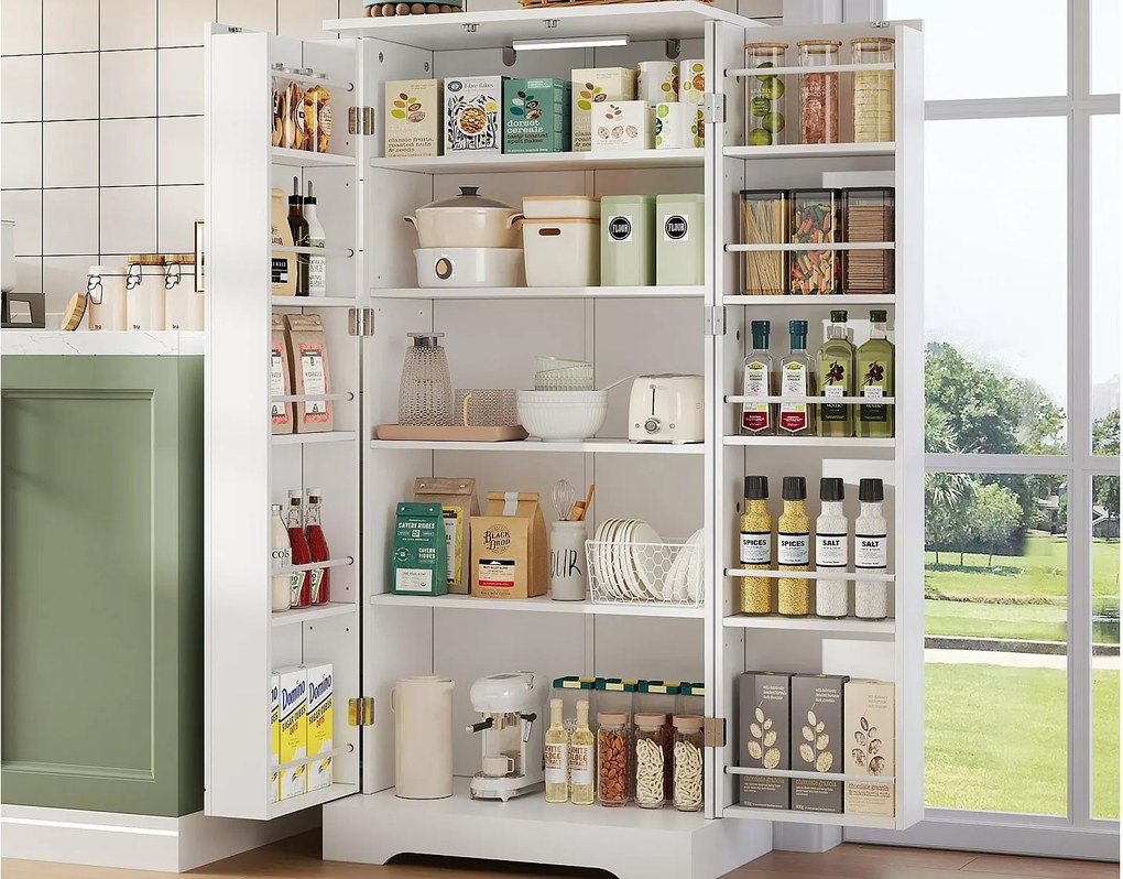 Kredens kuchenny 60×35×128 cm - z czujnikiem światła LED - z 2 drzwiami - z półkami - z pionowymi paskami dekoracyjnymi - Biały