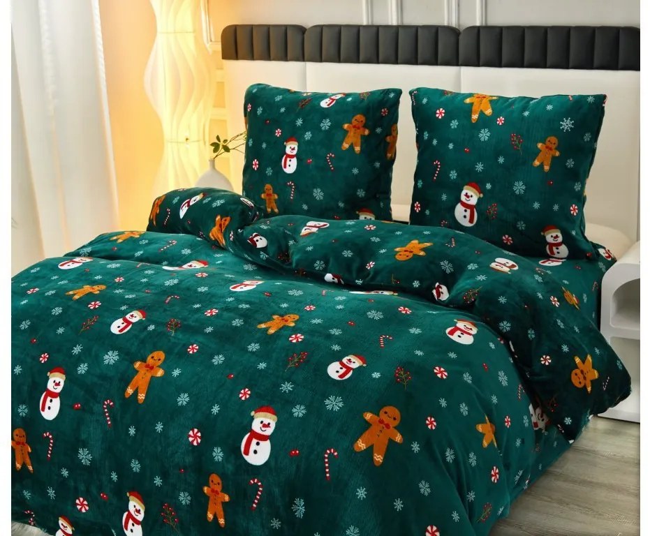 PrzytulneMieszkanie.pl PrzytulneMieszkanie.pl PrzytulneMieszkanie.pl Pościel mikropluszowa BAŁWAN I PIERNIK zielona + mikropluszowe prześcieradło SOFT 90x200 cm czarne