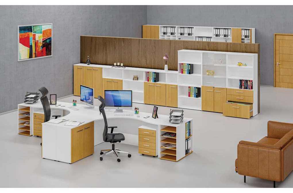 Szafa biurowa kombinowana PRIMO WHITE, drzwi na 3 poziomach, 800 x 420 x 1434 mm, biały/buk