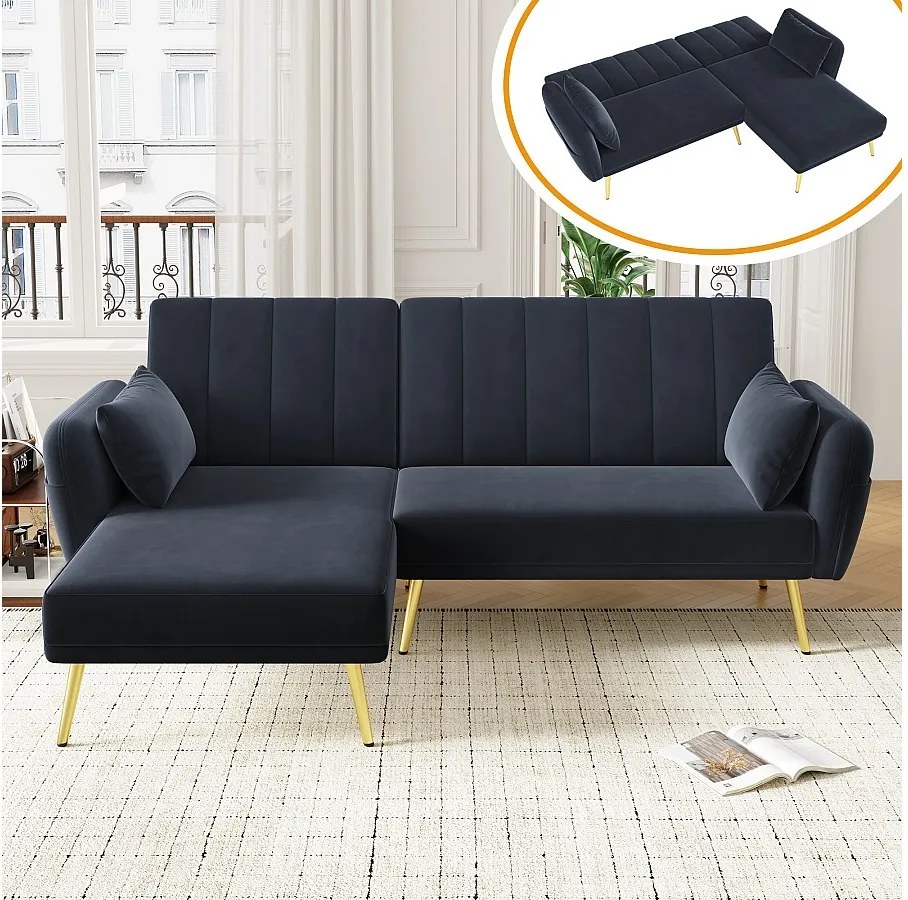 Czarna sofa narożna - Sofa 3-osobowa z 3-stopniowo regulowanym oparciem i bocznymi kieszeniami - aksamit